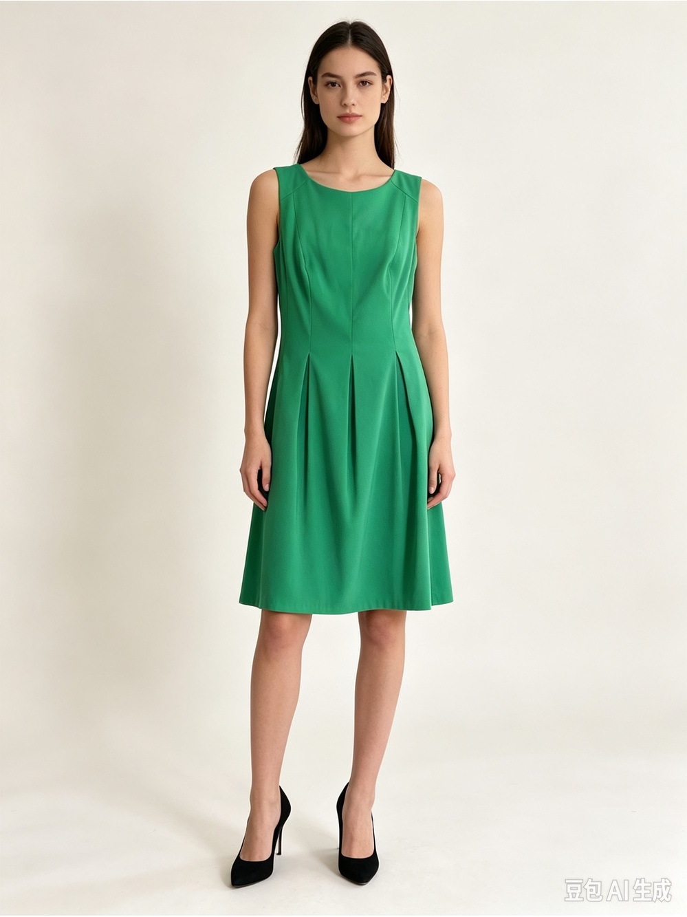 DressBarn Green Sleeveless Fit & Flare Pleated Dress w Pockets Round Neck Knee 4